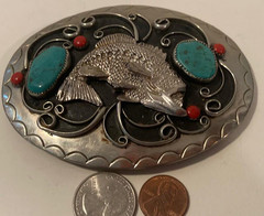 Vintage Metal Belt Buckle, Silver and Turquoise, Bass, Fishing, Hand Crafted