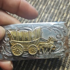 Chambers Belt Co. Men’s Western Wagon Horse Embossed Buckle Silver/Gold 1in
