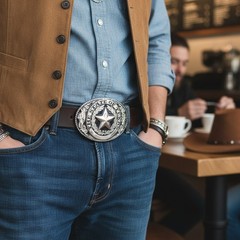 Men Silver Metal Belt Buckle Western Fashion Cowboy Texas State Lone Star Casual