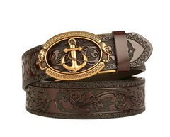 Lyqqine Men&rsquo;s Leather Ratchet Belt Ethnic 125cm, Grass Carving Anchor Brown