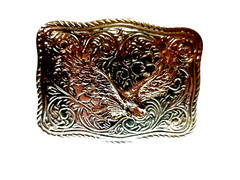 EAGLE Belt BUCKLE Gold on Silver Rectangular Metal w Rope Edge Western/Biker/USA