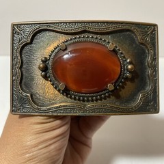 VTG Faux Gemstone Gold Stone Western Cowboy Buckle Copper Tone