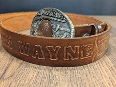 Vintage ~ John Wayne Hand Tooled Leather Belt w/ Solid Brass JW American Buckle