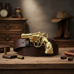 New Men Women Buckle Gold Metal Western Cowboy Pistol Revolver Gun Weapon Skull