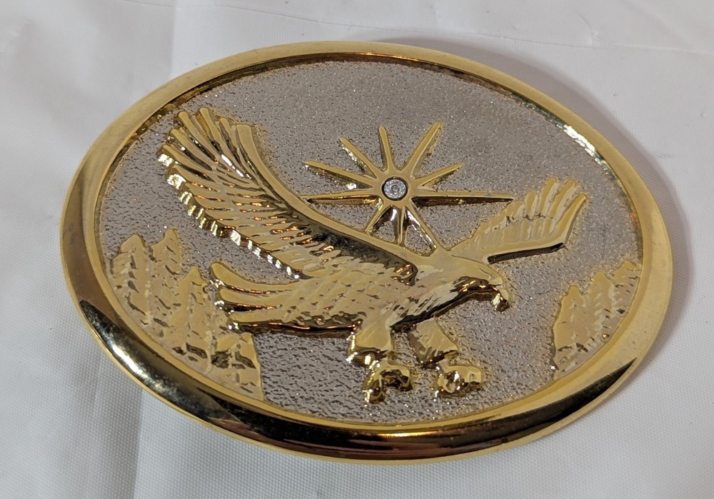 Eagle Belt Buckle Oval W/ Gold & Silver Tones Diamond Rhinestone Accent