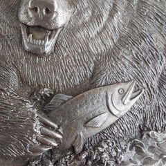 BERGAMOT Brass Works Bear Fish Belt Buckle Trout Fishing Silver Tone 1978