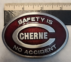 Vintage Cherne Safety Is No Accident Belt Buckle R&M USA Red Enamel