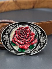 Vintage Siskiyou 1991 Pewter Belt Buckle Red Rose Enamel Ashland, Oregon