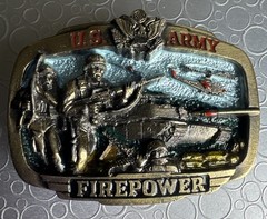 Vintage 1983 US Army Firepower Brass Belt Buckle Great American Co Serial H1071