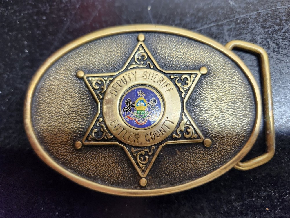 JTBW Industries Belt Buckle Antique Brass 3.5&Prime; Sheriff Star Solid Brass Enamel