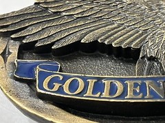 Vintage NRA Belt Buckle Golden Eagles Solid BRASS Blue Made in USA NRA Am Eagle