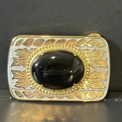 Vintage Western Belt Buckle Gold Silver Tone Black Onyx Cabochon Mixed Metal