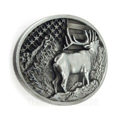 Elk Deer American Flag Belt Buckle USA Hunter Antique Silver Fits 1.5&Prime; Belts