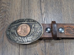 Vintage ~ John Wayne Hand Tooled Leather Belt w/ Solid Brass JW American Buckle