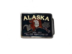 Vintage 1984 Alaska Silver Anniversary Belt Buckle Enamel Metal Bear Dall Sheep