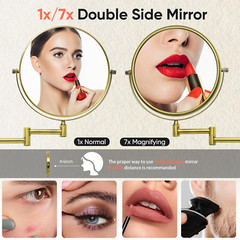 8-Inch Double-Sided Wall Mount Makeup Mirror with 7X Magnification in Brass