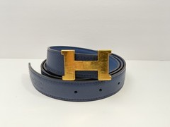 Authentic HERMES H Logo Reversible Belt Strap Blue Gold Tone Buckle Kit 85