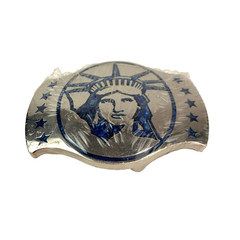 Vintage Statue Of Liberty Silver Plate Blue Metal Resin Belt Buckle ADM New