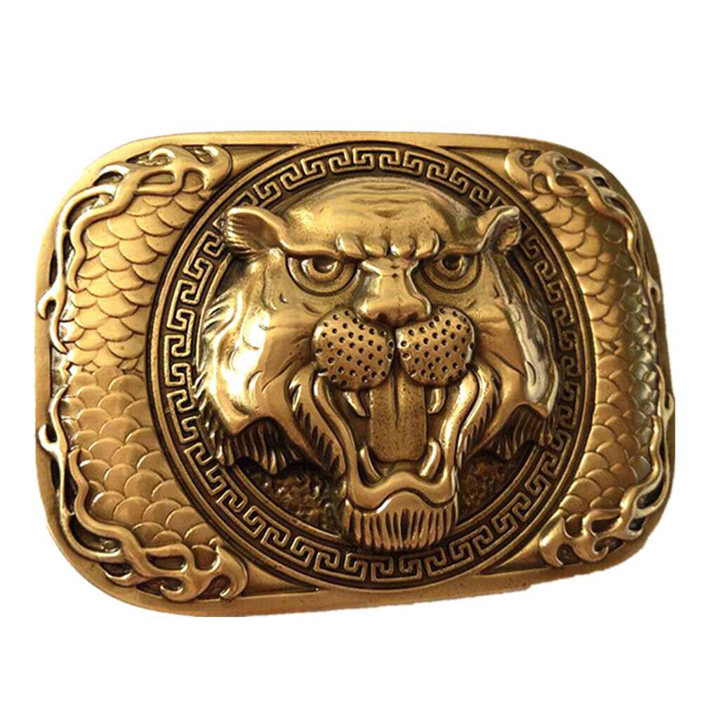 Roaring Tiger Head Belt Buckle Pure Brass Shiny Vintage Antique Western Cowboy