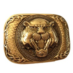 Roaring Tiger Head Belt Buckle Pure Brass Shiny Vintage Antique Western Cowboy