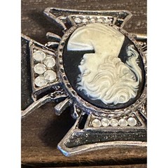 Vintage Gothic Cameo Maltese Cross Belt Buckle Silver Tone Rhinestone Mens Biker