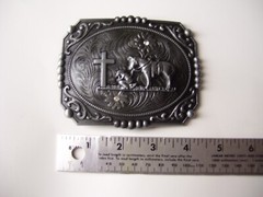 Belt Buckle Praying Cowboy Kneeling at Cross Western Floral Large 4.5&Prime;x 3.5&Prime;