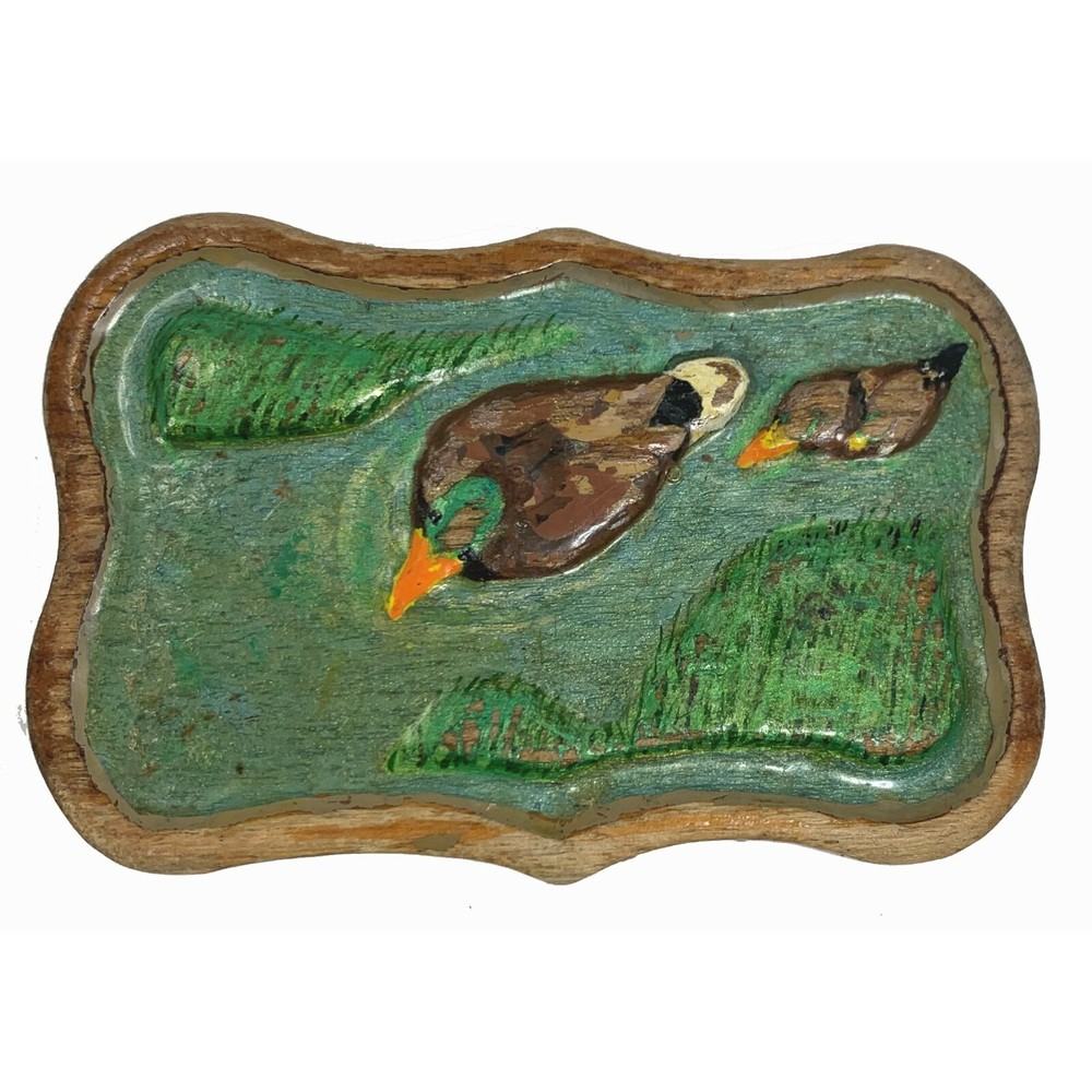 Artist Signed Hand Carved Wood Belt Buckle Mallard Ducks Rustic Cabin Core