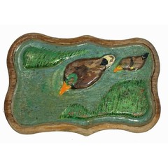 Artist Signed Hand Carved Wood Belt Buckle Mallard Ducks Rustic Cabin Core
