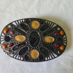Vintage Boho Enamel Mosaic Oval Belt Buckle Bronze Tone Filigree Western