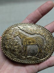 vintage CRUMRINE belt buckle BRONZE engraved HORSE floral WESTERN cowboy