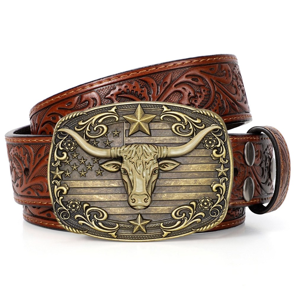 SANSTHS Western Cowboy M for 38&Prime;-41&Prime; Waist, Bronze Star Bull/Coffee Belt