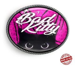 Bad Kitty Cat Hot Pink Leopard Print Handmade Artisan Belt Buckle