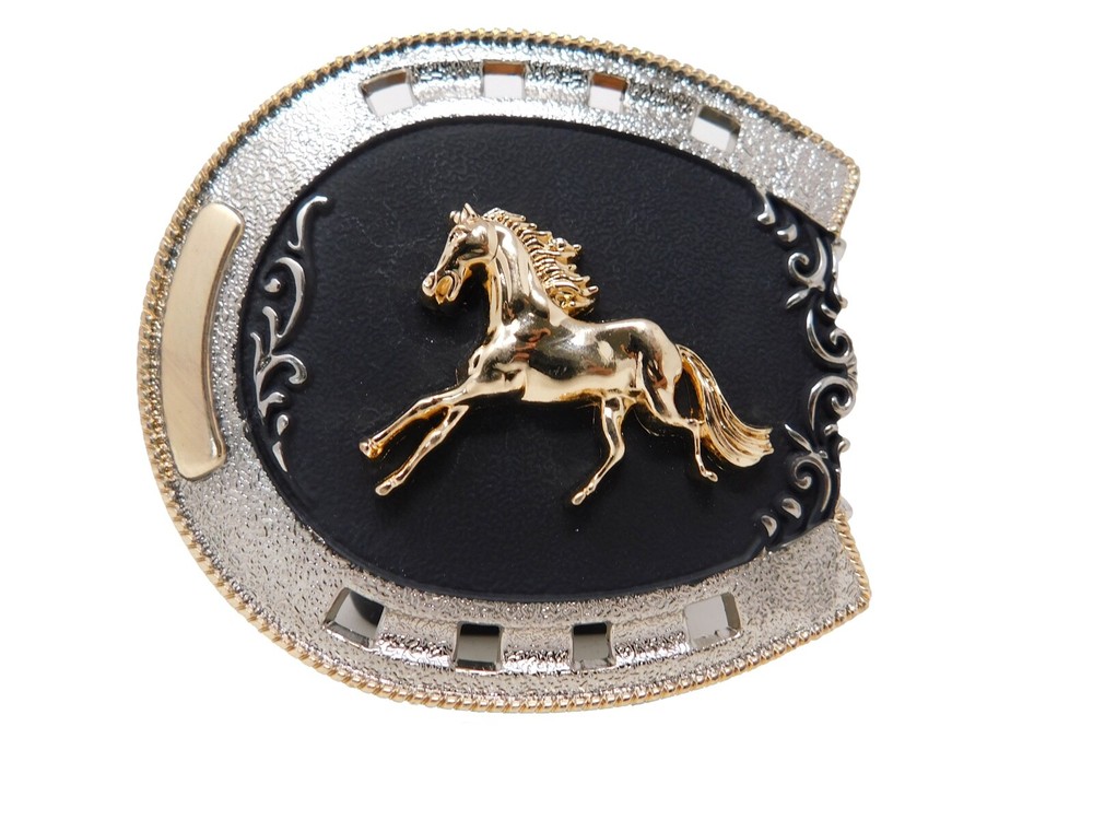 Belt Buckle Golden Horse Sliver,Gold,Black,Metal Rodeo Western