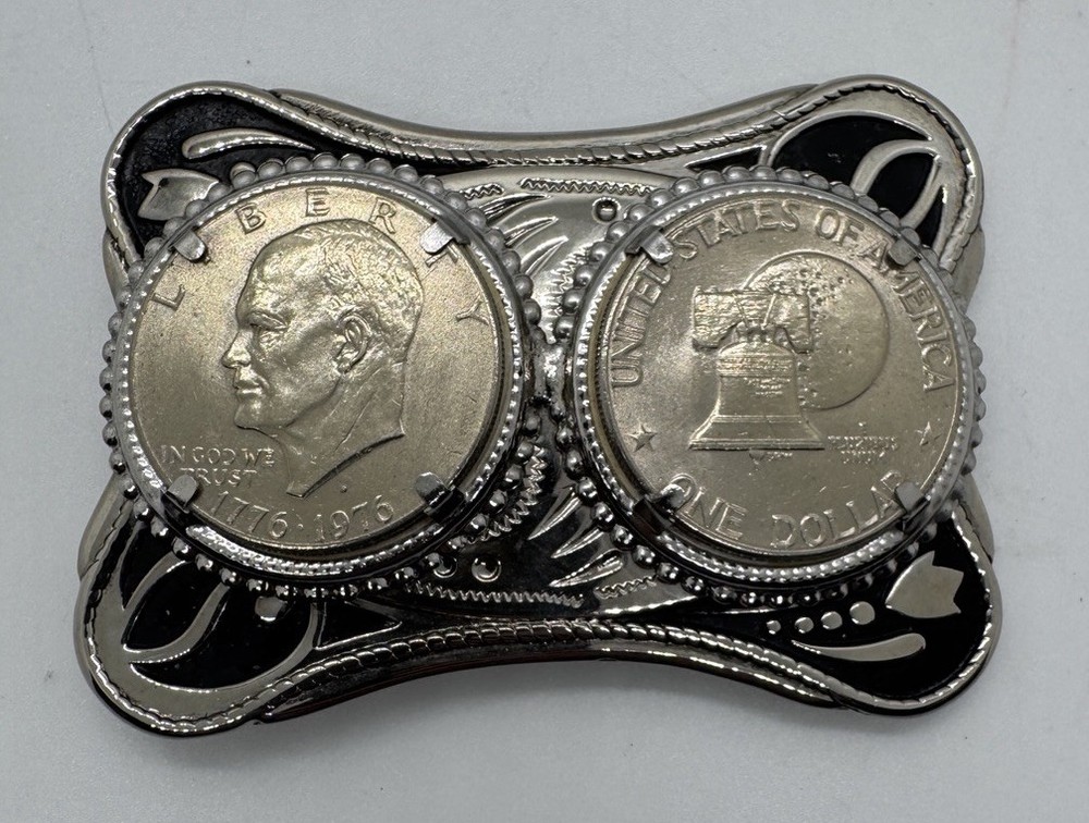 Double Eisenhower SILVER DOLLAR Coins Belt Buckle 1776 – 1976 Centennial 4×2.75”
