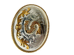 Western Initial Belt Buckle 3.5 x 2 5/8 in Oval S Silver Engraved Gold 1.75