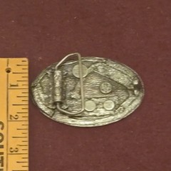 VTG Belt Buckle BARN 1984 Bergamot Brass Works Pewter Farming T 149 Made in USA