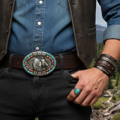 Men Silver Metal Belt Western Native Indian Warrior Horse Feather Eagle Wings
