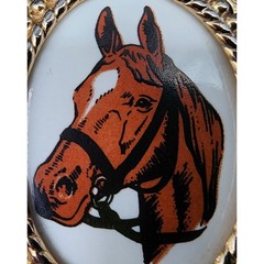 Vintage Brass Horse Head Belt Buckle with Porcelain Cameo 3.25&Prime; Western