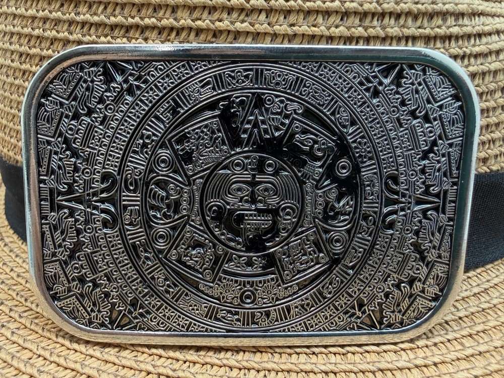 Antiqued Silver Rectangular Masop Aztec Calendar Belt Buckle