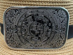 Antiqued Silver Rectangular Masop Aztec Calendar Belt Buckle