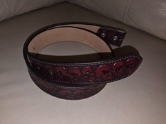 Red Burgundy Leather Hand Tooled Skulls Rockabilly Goth Leather Belt Size 34