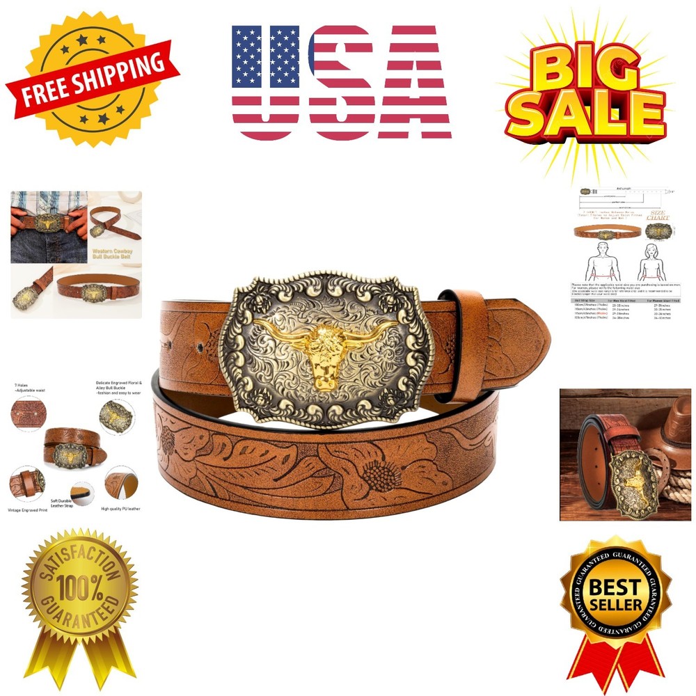 Western Cowboy-Belts for Men Big-Buckle Longhorn-Bull PU-Leather Rodeo Cowgir…