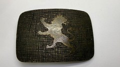 Heraldic Rampant Lion Grid Pattern Brass Tone Belt Buckle, Made in Italy