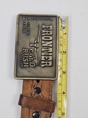 Vintage 80s FRONTIER Gold Rush Club Belt Buckle w/ Embossed Brown Leather Belt