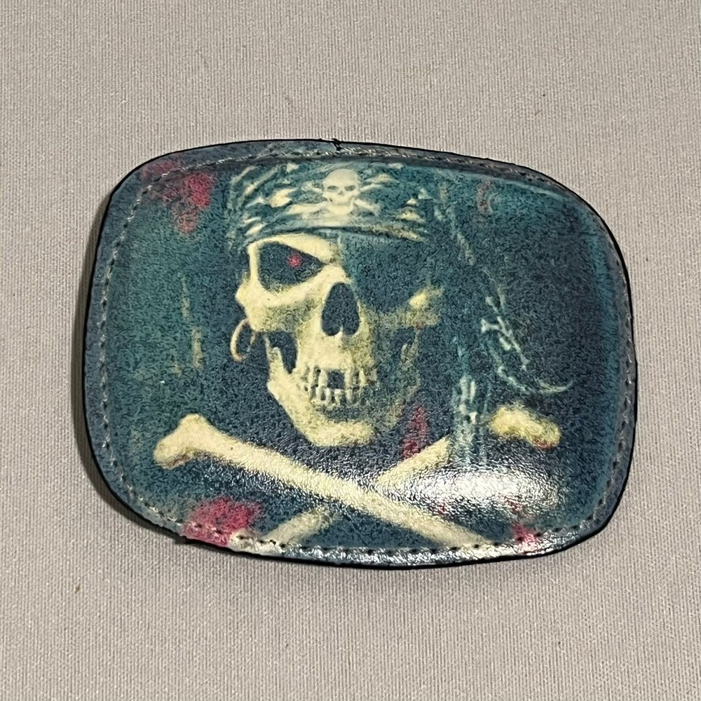 Pirate Skull Belt Buckle Leather Front Metal Back Novelty Blue Collector Cool