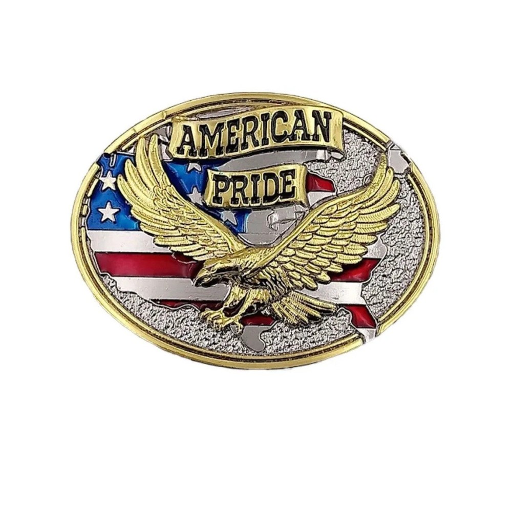 American Pride Belt Buckle Patriotic Eagle USA Flag Gold Silver Tone Oval NWT