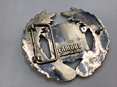 2 vtg belt buckles – Cadillac Emblem U.S. Flag #8387 & 1998 Pewter ARIZONA #265