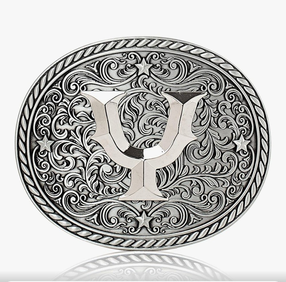Western Oval Silver Belt Buckle Engraved Stars & Scroll with Letter Y Initial