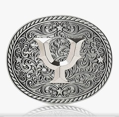 Western Oval Silver Belt Buckle Engraved Stars & Scroll with Letter Y Initial