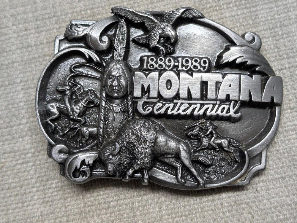 vintage MONTANA belt buckle NATIVE AMERICAN western INDIAN buffalo EAGLE cowboy